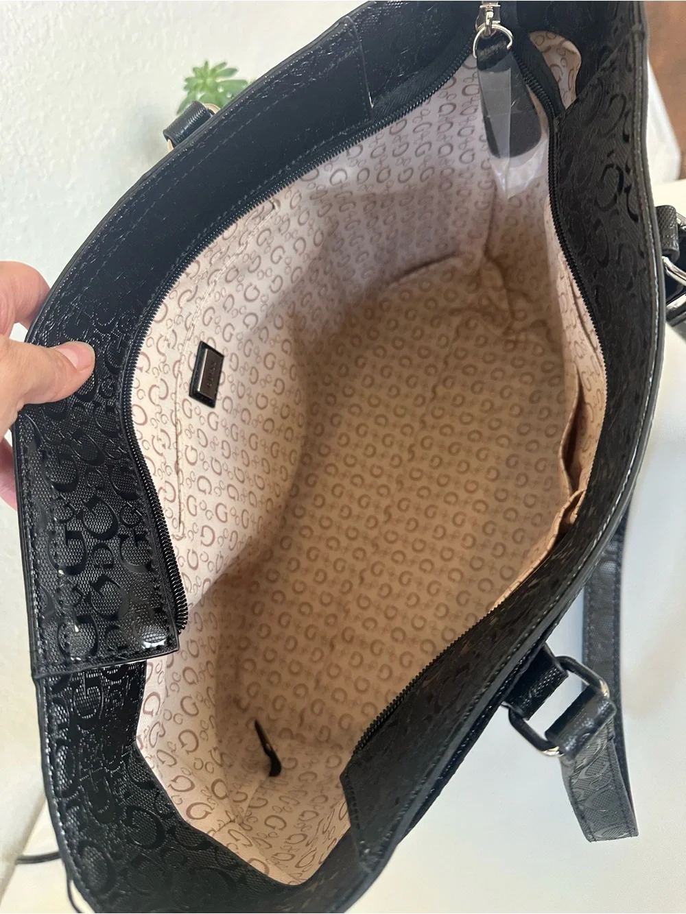 GUESS Black Patent Logo Tote with Removable Coin Pouch